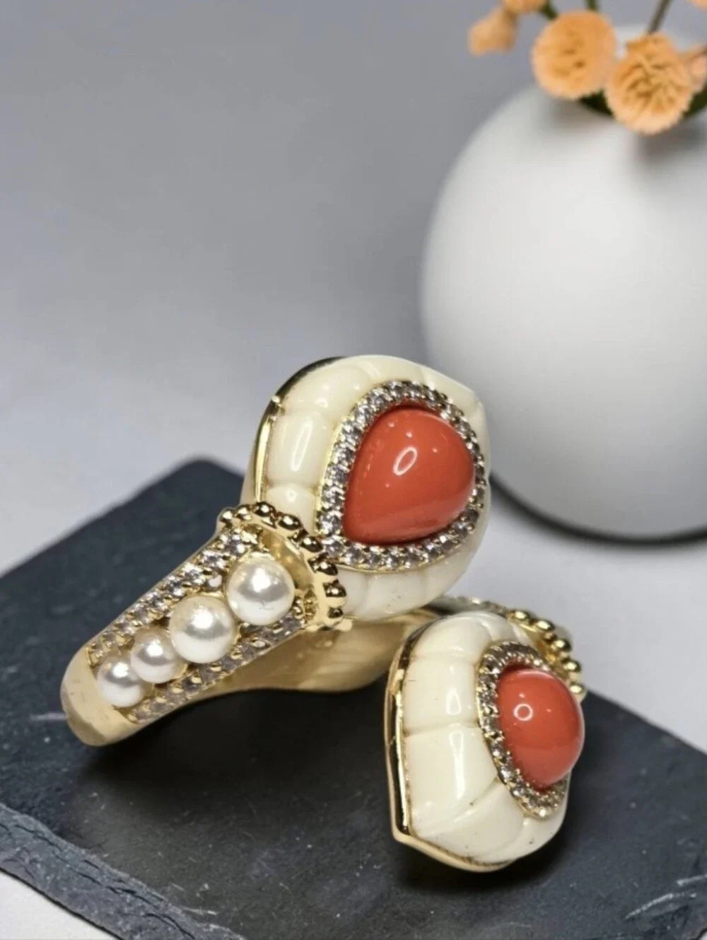 18k Gold Plated Designer Scallop Lucite Coral Cabochon Pearl Crystal Bypass Ring